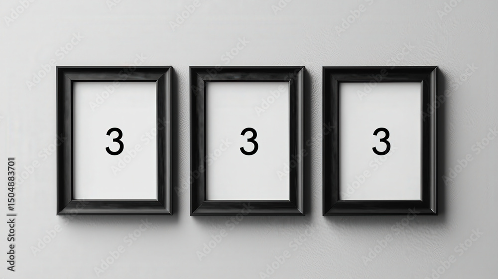 Three black picture frames are evenly spaced on plain white wall, each containing number three. minimalist design creates modern and symmetrical aesthetic Three black picture frames are evenly spaced on plain white wall, each containing number three. minimalist design creates modern and symmetrical aesthetic