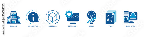 BIM banner web icon sheet vector illustration concept with icon of building, information, modeling, software, design, plan, computer