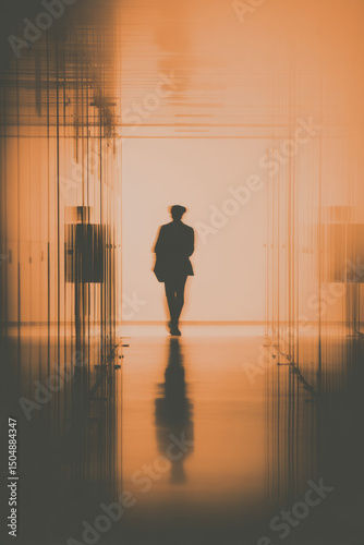 A clean corridor with metal railings and low noise in the background A worker walks with a laptop under their arm The mood is focused