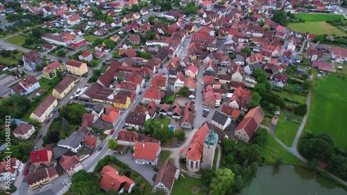 Aerial panorama view of the old town of the city Langenzenn in Germany, Bavaria on a sunny spring day. photo