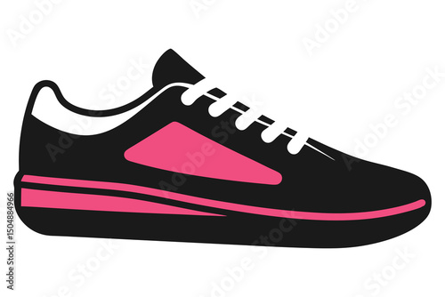 Black sport unisex sneakers with white sole and white laces on white background .