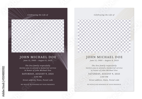 Minimalist funeral memorial service invitation templates in dark purple and light gray feature abstract lines and a rectangle placeholder for a photo. The overall tone is somber and respectful