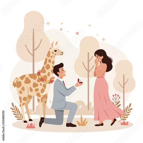 Man Proposing to Woman with Llama Wearing Flower Necklace Vector