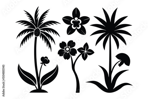 Palm trees silhouettes summer set. Palm trees isolated on white background.