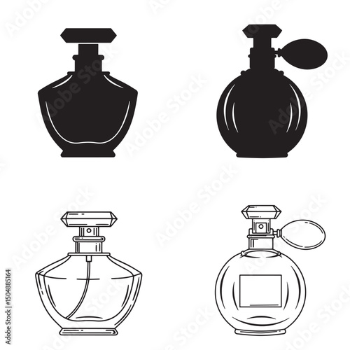Elegant perfume bottle collection silhouette vector illustration set with design elements