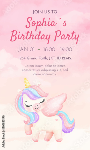 Watercolor Illustration Unicorn Animal Girl Birthday party card template design
