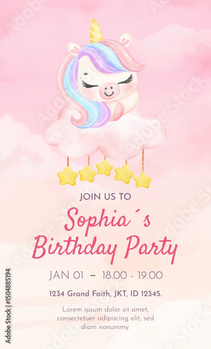 Watercolor Illustration Unicorn Animal Girl Birthday party card template design