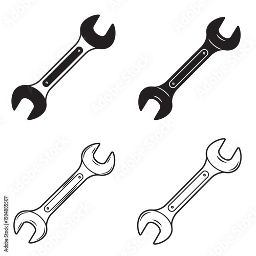 Four stylized wrench silhouettes in black and white isolated on white background
