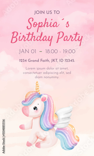 Watercolor Illustration Unicorn Animal Girl Birthday party card template design