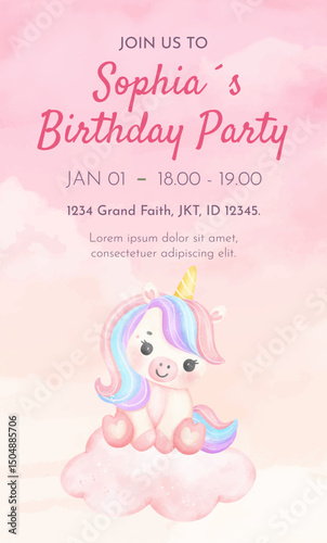 Watercolor Illustration Unicorn Animal Girl Birthday party card template design