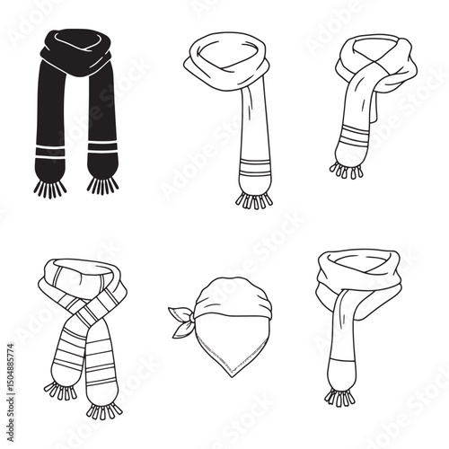 Collection of hand drawn silhouette scarves and bandana in black and white