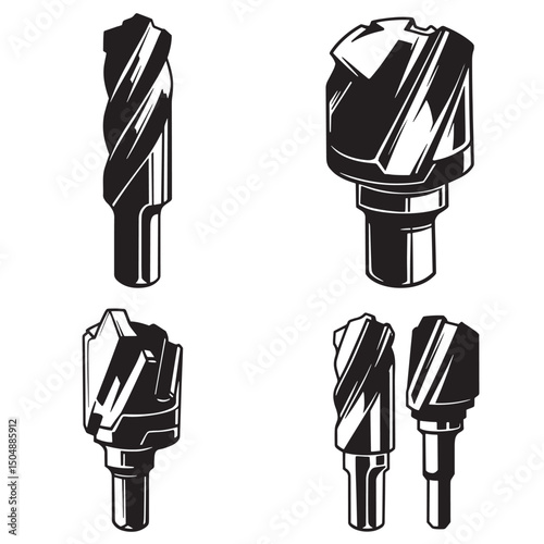 Black and white silhouette illustrations of various drill bit types for construction and diy projects