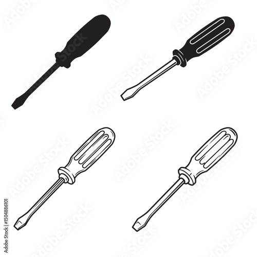 Flathead screwdriver set in various styles tool illustration for repair and construction silhouette elements