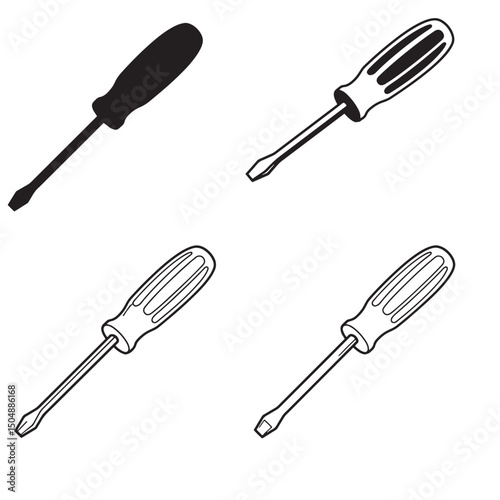Vector illustration of four screwdrivers in a black and white silhouette style