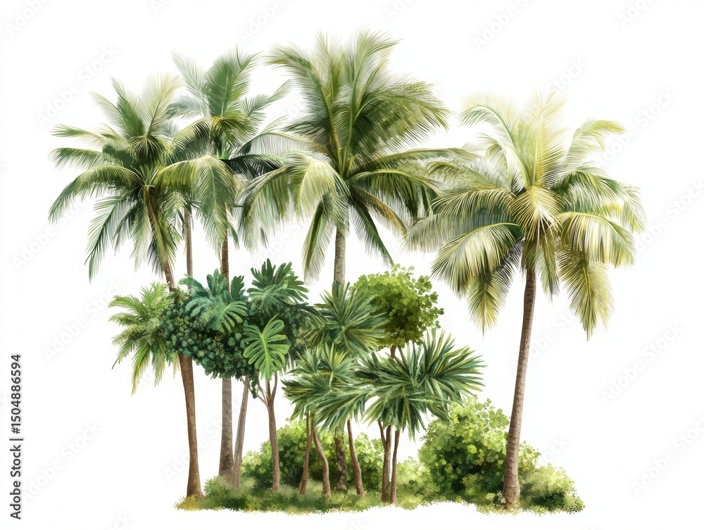 Obraz premium Tropical Palm Grove, Lush Greenery, Watercolor Painting