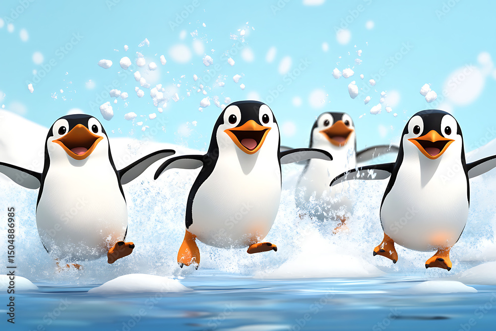 Naklejka premium Four animated penguins joyfully splashing through icy waters under a clear blue sky