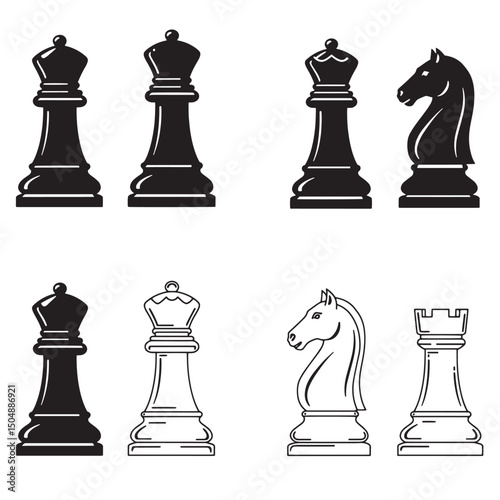 Chess pieces black and white silhouettes for strategy and design