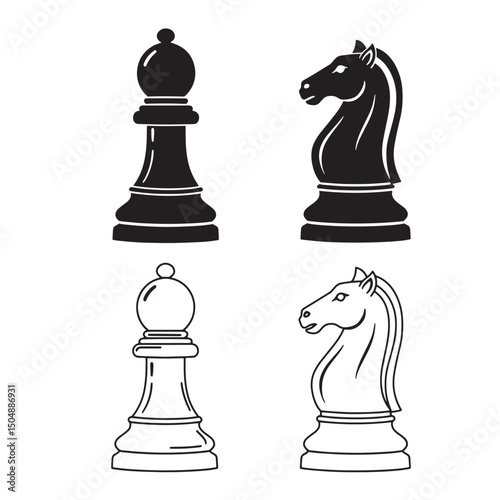 Chess pieces vector illustration showing silhouette of bishop and knight in two styles