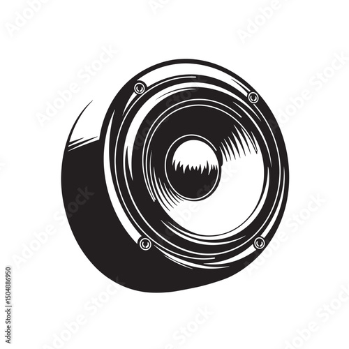 Black and white silhouette illustration of a circular loudspeaker for music and audio related concepts