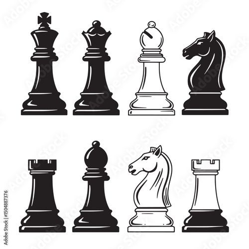 Isolated chess pieces silhouettes in black and white set representing strategic board game elements