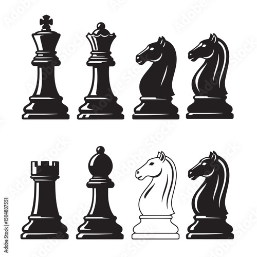 Black and white chess pieces silhouette isolated on white background vector illustration