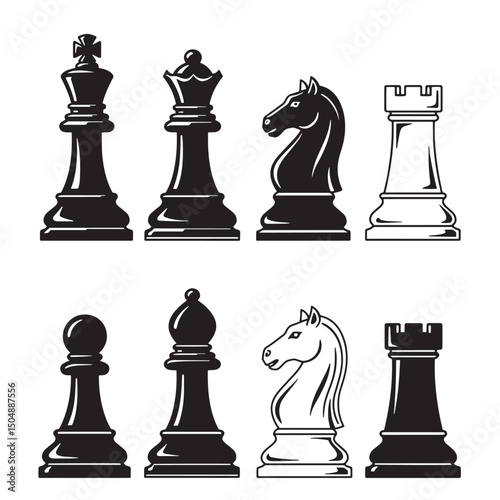 Illustrated chess pieces in a clean and contrasting silhouette design vector graphic for game concepts