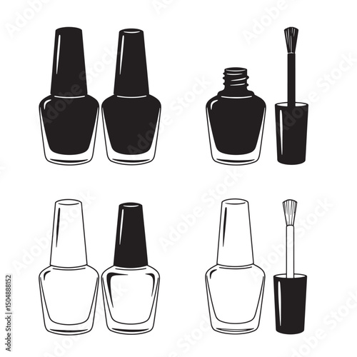 Elegant silhouette vector illustrations of nail polish bottles and brushes in black and white