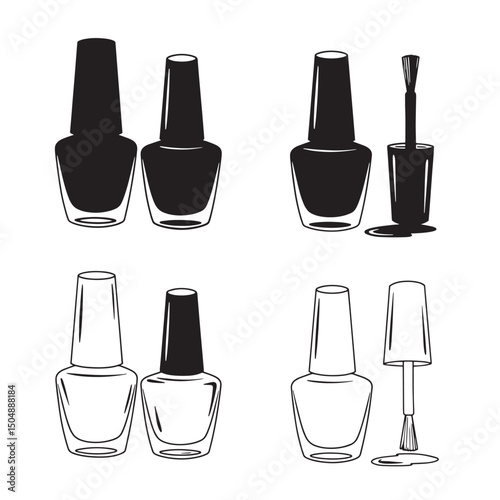 Vector illustration of nail polish bottles in black and white silhouette for beauty cosmetics and fashion