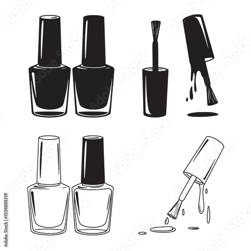 Nail polish bottles and brushes silhouette illustrations isolated on white background for beauty and cosmetics designs