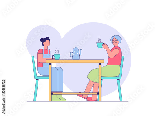 Grandma is sitting relaxing while enjoying tea with her granddaughter. Tea illustration. Flat outline vector illustration concept.