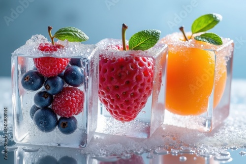 Frozen Fruits in Ice Cubes: Capturing the fresh sweetness of summer berries and fruits encased in clear ice cubes, a perfect combination of cold and vibrant color.