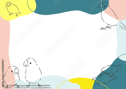 手描きの四羽の文鳥とカラフルなおしゃれフレーム