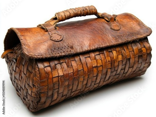 Vintage Brown Leather Woven Handbag Stylish Travel Bag photo