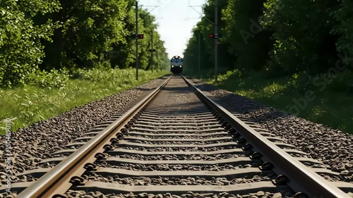 Train travels rail track next to green trees forest. Locomotive on railroad. Transportation industry, nature, journey. Scenic railway trip. Clean environment. Travel concept. photo