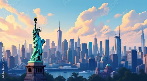 Statue of liberty new york city skyline sunrise
