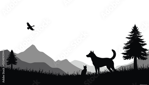 Dog and cat silhouette in mountain landscape