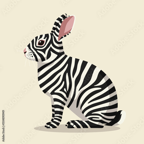 Striped Hare Sitting Down Illustration with Whiskers and Pink Ears