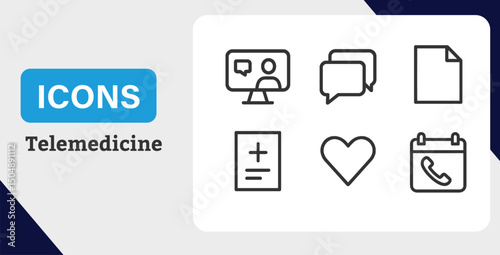 Modern Telemedicine and Digital Healthcare Line Art Icons for Online Medical Consultations