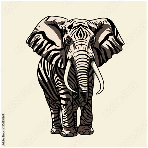 Stylized Elephant Standing Posing Frontal with Strong Stripes Graphic Design