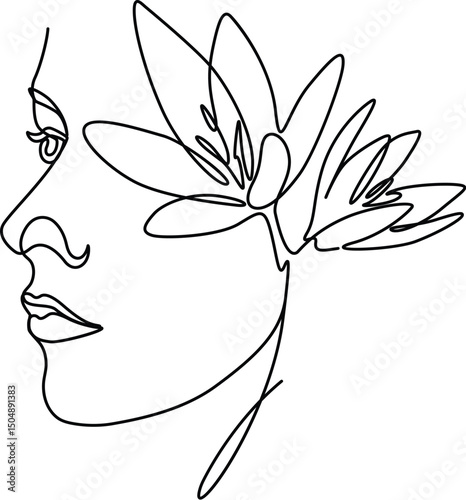 Minimalist line art of woman with ear flowers illustration. 