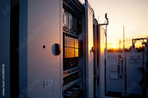 Sunset over telecommunications equipment in a modern environment