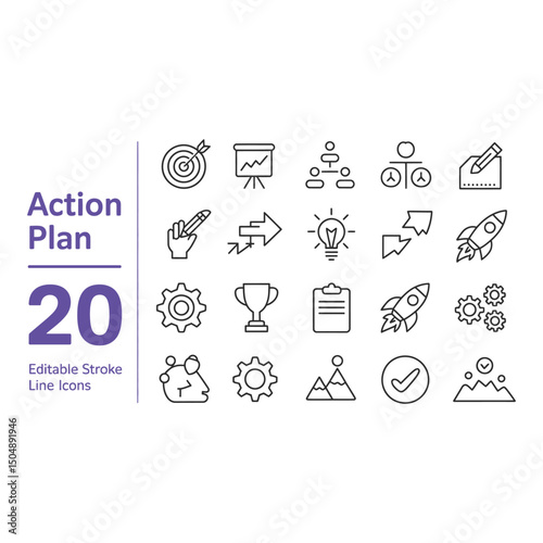 Action Plan Icons set symbolizing success strategic planning goals and achievements with thin line