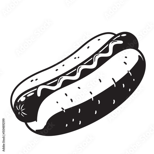 Simple black and white silhouette illustration of a classic hot dog with mustard