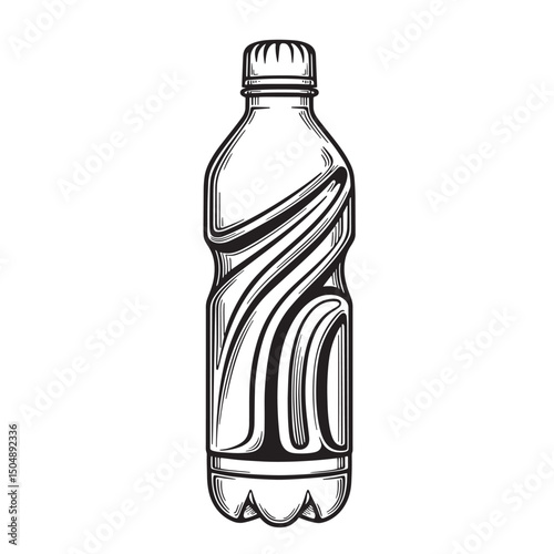 Detailed black and white silhouette illustration of a plastic water bottle with textured design