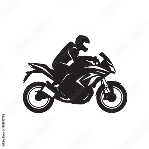Black silhouette of a rider racing a modern sport motorcycle against a white background