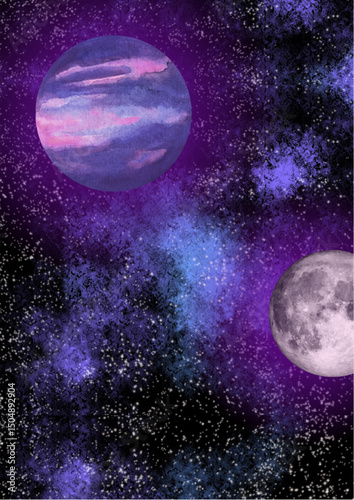 Full moon and shining stars illuminate the vast night sky, a cosmic spectacle visible from Earth