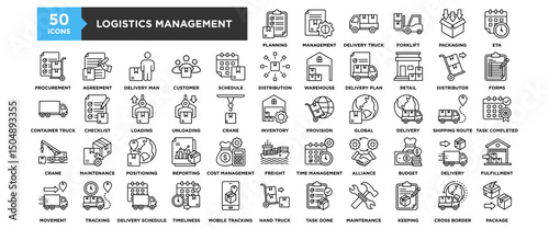 50 Logistics Management icon set. Containing design Planning, Management, Delivery Truck, Forklift, Packaging	

