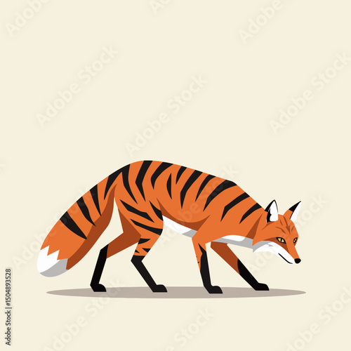 Walking Fox Illustration with Unique Striped Pattern in Orange and Black