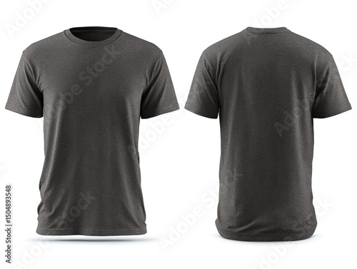 Dark grey short-sleeved crew neck t-shirt, front and back views on white background