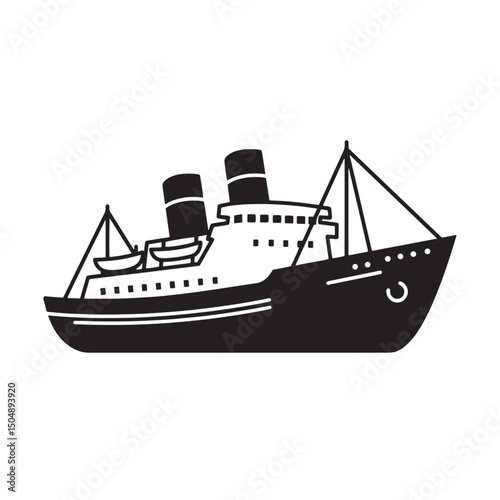Simple black and white illustration of a cruise ship or ocean liner isolated